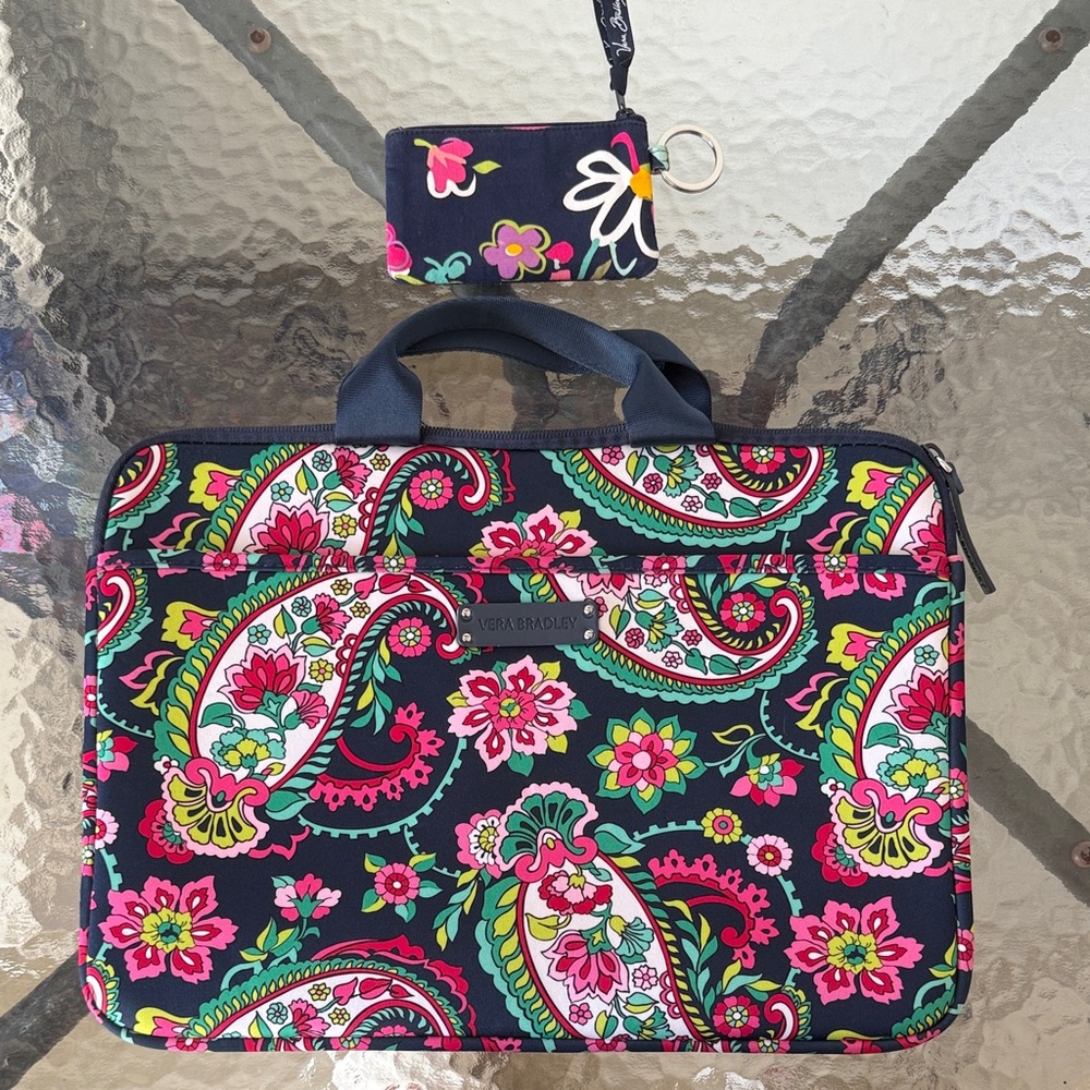 Vera Bradley Floral Laptop Bag and Keychain - Black, Pink, Green